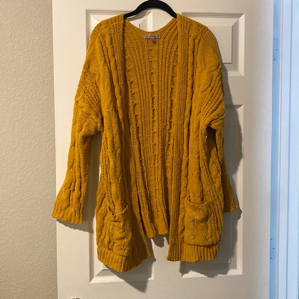 Mustard, yellow cardigan sweater